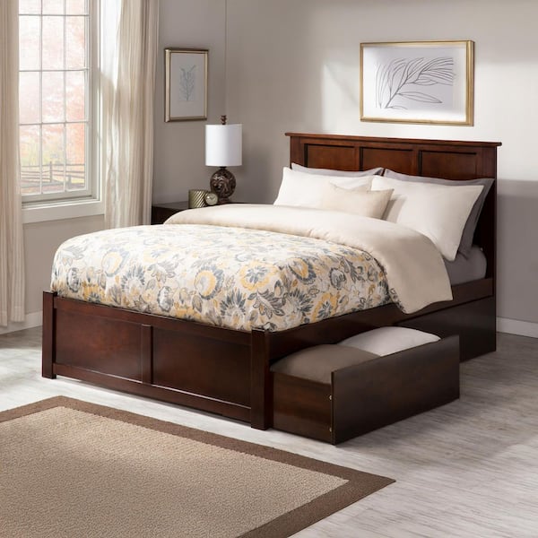 Madison Walnut King Platform Bed with Flat Panel Foot Board and 2-Urban Bed Drawers