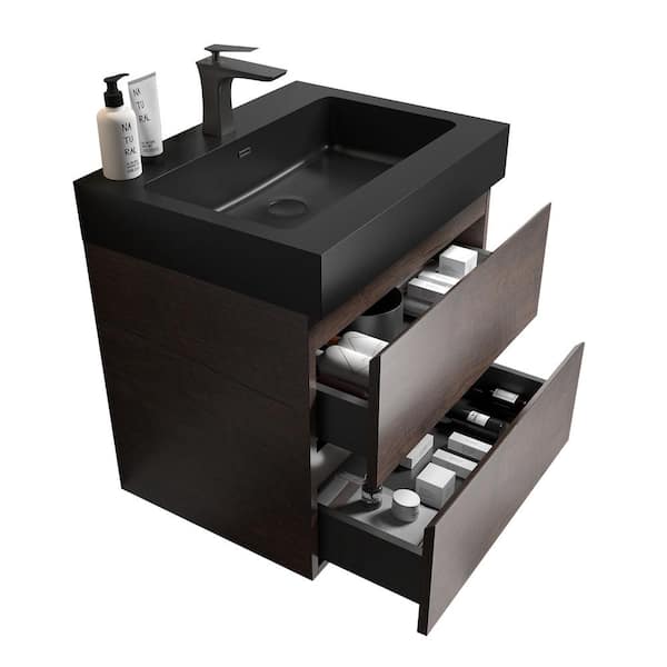 Dimakai 24 in. Single Sink Wall Mounted Rose Wood Bath Vanity with Black Solid Surface Top Unassembled without Drain and Faucet