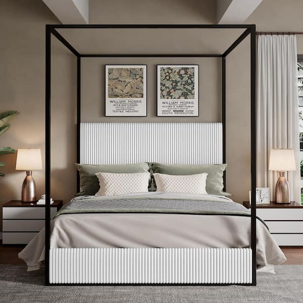 White and Black Metal and Wood Frame Queen Size Corduroy Upholstered Canopy Bed with High-Backed Headboard