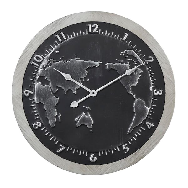 Litton Lane 25 in. x 25 in. Black Metal World Map Wall Clock