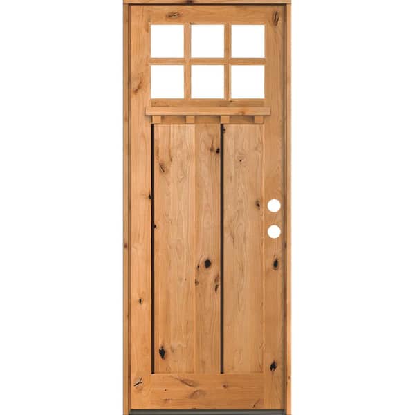 Krosswood Doors 36 in. x 96 in. Craftsman Knotty Alder Clear 6-Lite Clear Stain Wood/Dentil Shelf Left Hand Single Prehung Front Door