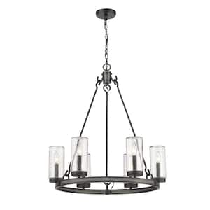 Marlow 6-Light Ashen Barnboard Gray Outdoor Pendant with Seedy Glass Shade