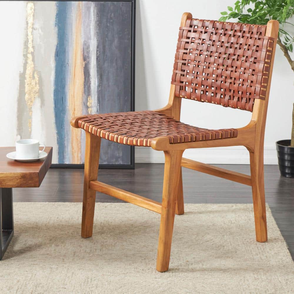 Litton Lane Dark Brown Handmade Woven Leather Accent Chair with Teak