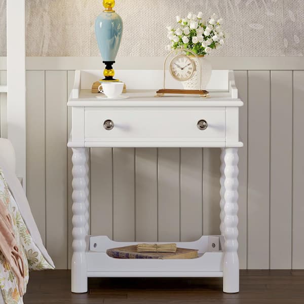 Neville Retro White 1-Drawer Wood Nightstand with Open Shelf, Turned Legs
