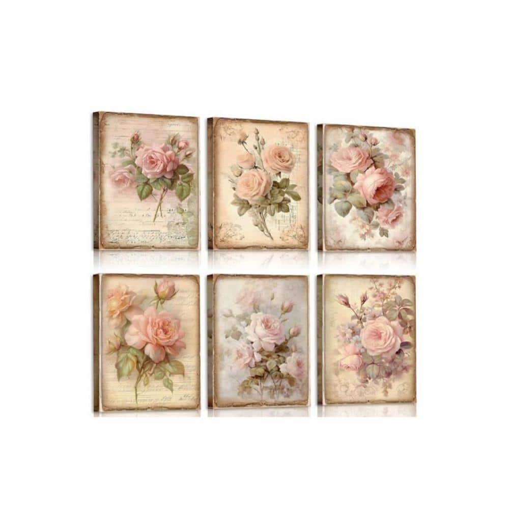 Botanical Series Framed Canvas Set of 6 Vintage Pink Roses Art