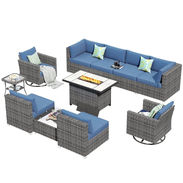Messi Grey 11-Piece Wicker Outdoor Patio Fire Pit Conversation Sofa Set with Swivel Chairs and Denim Blue Cushions