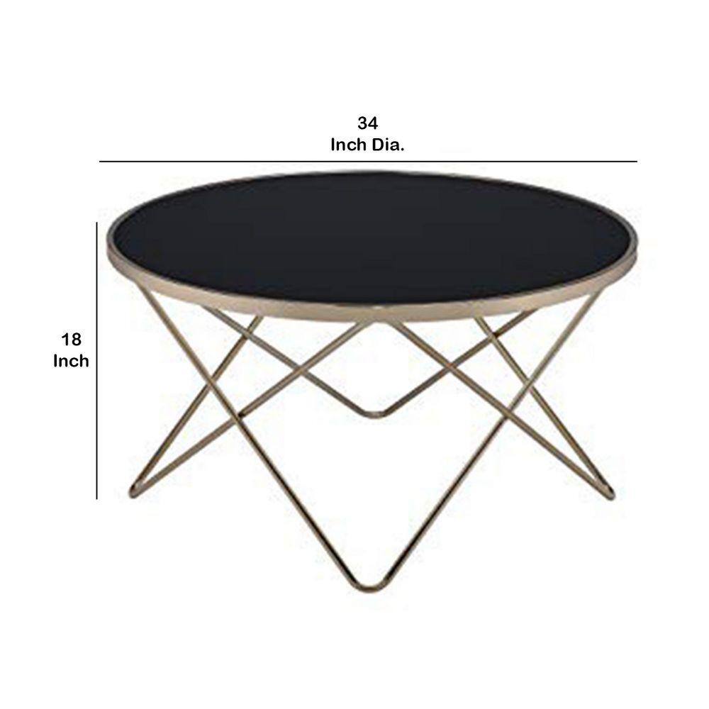 34" Black Glass and Gold Iron Round Coffee Table