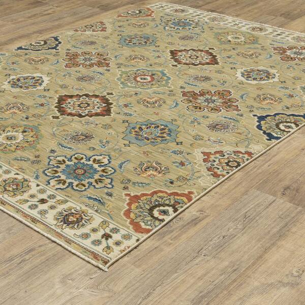 Fleetwood Tan/Multi-Colored 7 ft. x 10 ft. Floral Oriental Panel Polypropylene Fringe Edge Indoor Area Rug