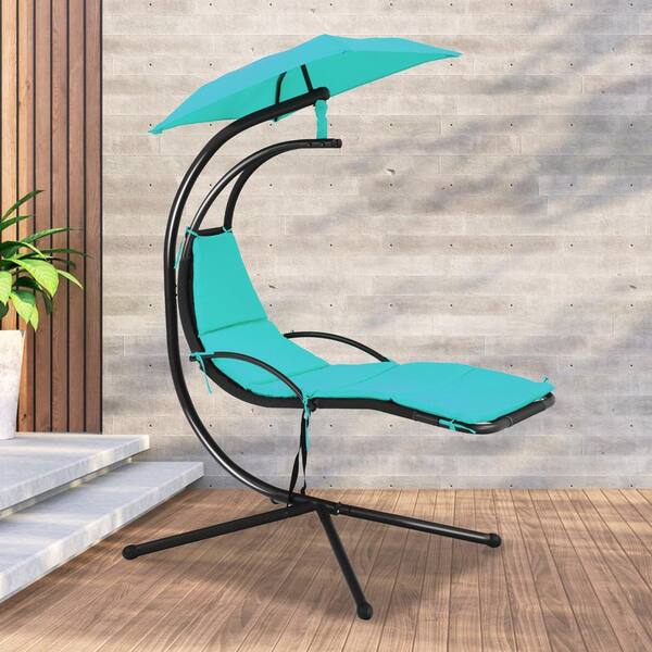 Teal Best Choice Products Outdoor Hanging Curved Steel Chaise Lounge Chair Swing w/Built-in Pillow and Removable Canopy 