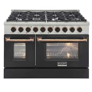 48 in. 6.7 cu. ft. Double Oven Dual Fuel Range with Gas Stove and Electric Oven with Convection Oven in Black and Gold