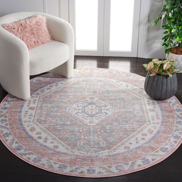 Bayside Ivory/Blue Pink 3 ft. x 3 ft. Machine Washable Traditional Medallion Round Area Rug