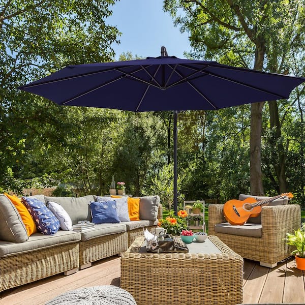 SANLUCE 10 ft. Cantilever Patio Umbrella With Easy Adjustment, Solution-Dyed Fabric, 8 Ribs for Backyard, Poolside in Navy Blue