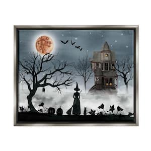 Halloween Witch in Full Moon Haunted House Scene by Grace Popp Floater Frame Country Wall Art Print 31 in. x 25 in.