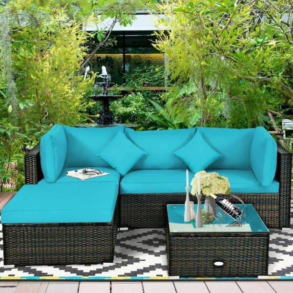 Kadehome 5-Pieces Rattan Wicker Patio Conversation Set with Blue Cushion Outdoor Sectional Sofa Set with Tempered Glass Table Top