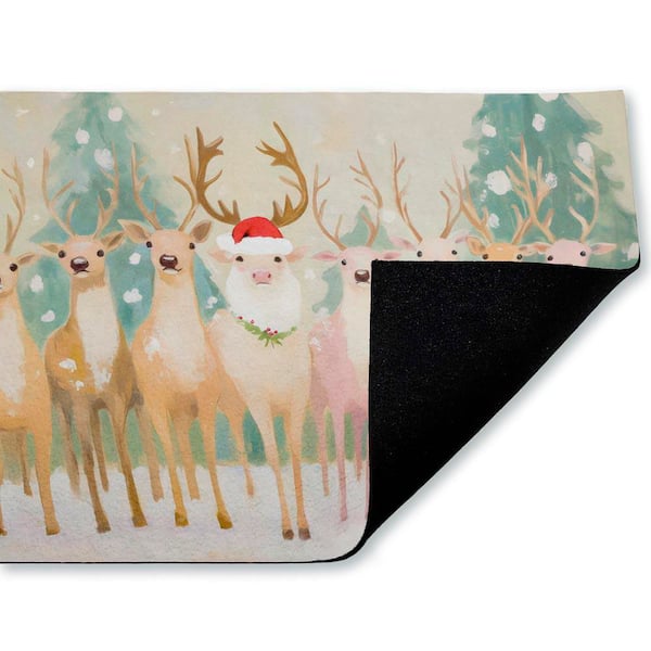 Pastel Santa's Reindeer Beige 18 in. x 30 in. Polyester Non-Slip Outdoor Door Mat