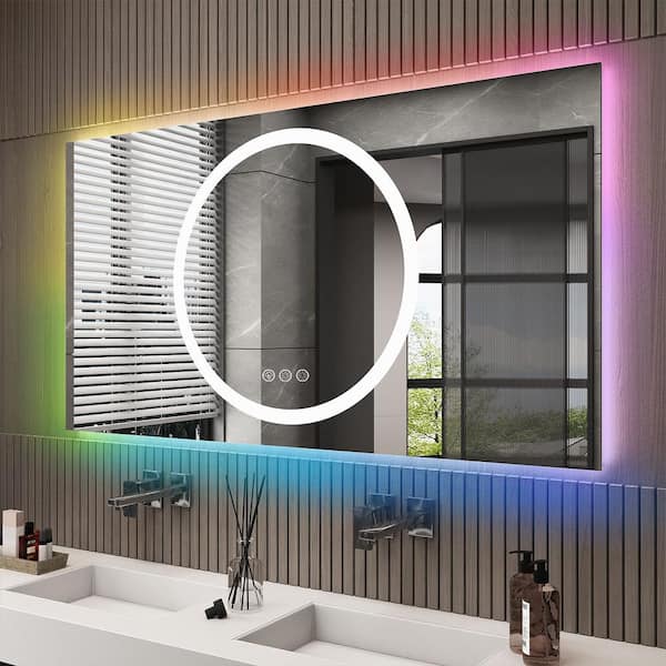 Apmir 55 in. W x 30 in. H Rectangular Frameless RGB Backlit, LED Frontlit Anti-Fog Tempered Glass Wall Bathroom Vanity Mirror