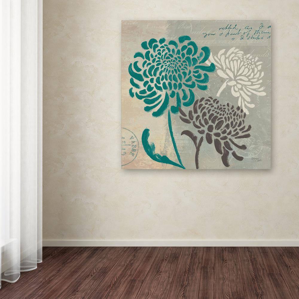 Chrysanthemums I Teal and Gray Canvas Wall Art