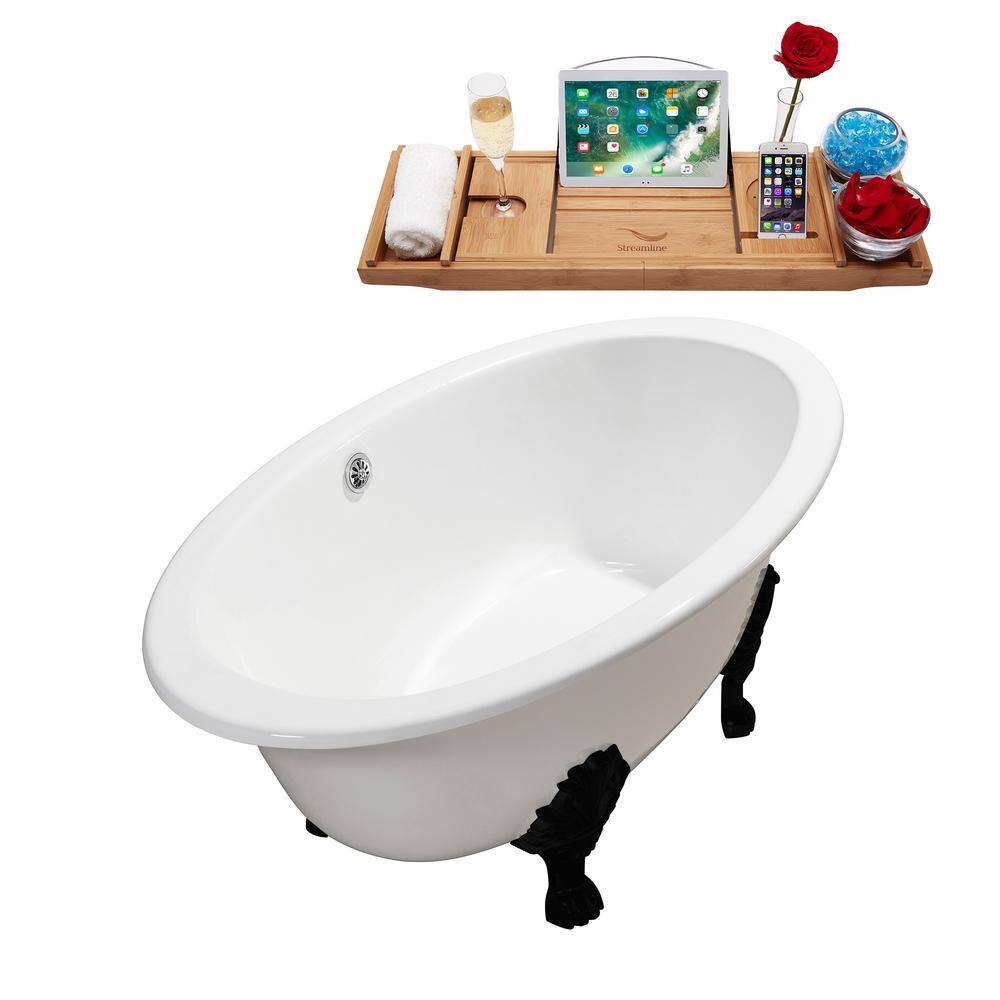 65" Glossy White Cast Iron Clawfoot Soaking Tub with Matte Black Feet