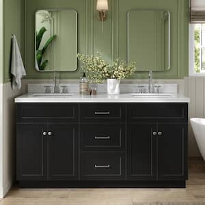 Hamlet 67 in. W x 22 in. D x 36 Double Sink Freestanding Bath Vanity in Black with Carrara White Marble Top