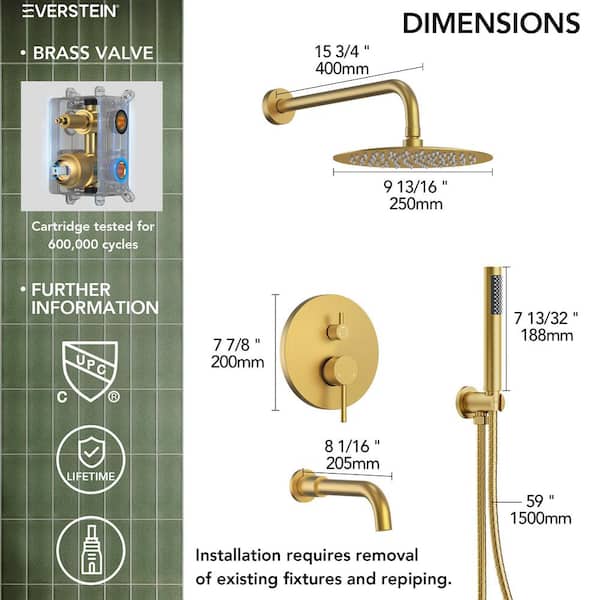 EVERSTEIN Single Handle 3-Spray 10 in. Wall Mount Tub and Shower