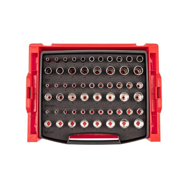 3/8 Inch Drive Shallow, Semi-Deep, and Deep 12-Point Socket Set with Open Top Drawer and Rack, 57-Piece (6-24 mm)