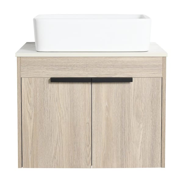 Staykiwi 24 in. W x 19 in. D x 23.6 in. H Floating Bath Vanity in White Oak with White Engineered Stone Composite Top and Sink