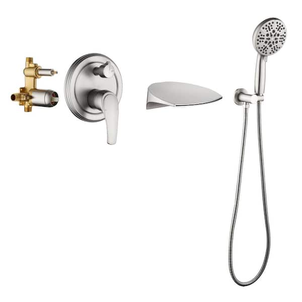 Inner Decor Hig Single-Handle 7-Spray Waterfall Spout Wall Mount and Round Shower Faucet Handheld in Brushed Nickel (Valve Included)