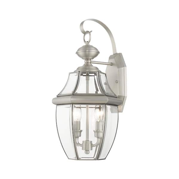 AVIANCE LIGHTING Aston 20.25 in. 2-Light Brushed Nickel Outdoor Hardwired Wall Lantern Sconce with No Bulbs Included