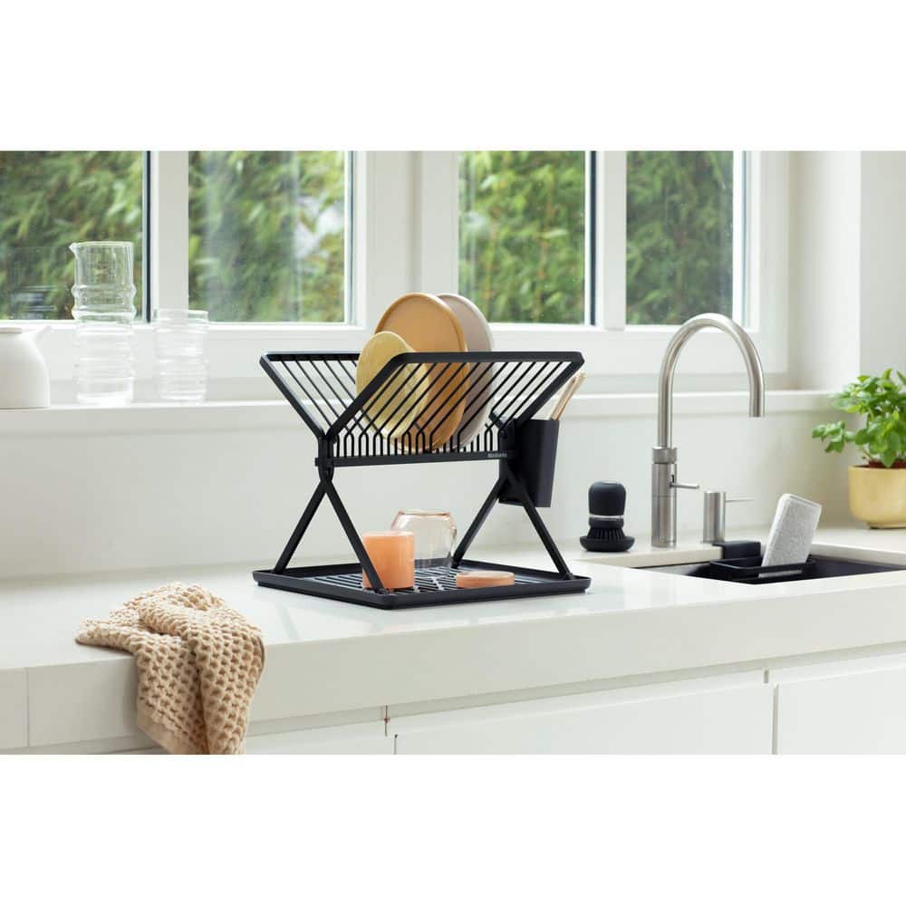 Compact Foldable Dark Gray Metal Dish Drying Rack with Utensil Cup