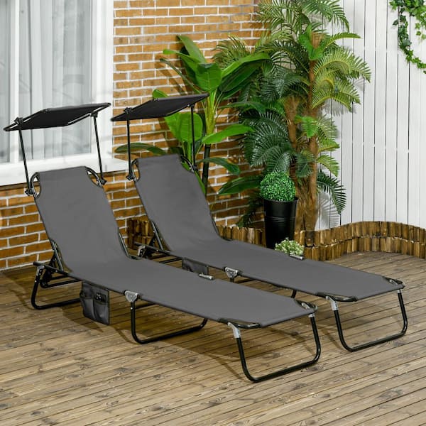 Sudzendf Gray Metal Outdoor Folding Chaise Lounge Pool Chairs, Sun Tanning Chairs with Sunshade Face Guard (Set of 2)