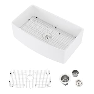 33.00 in .W Farmhouse Apron-Front Ceramic Single Bowl in White Kitchen sink with Bottom Grids;Strainer