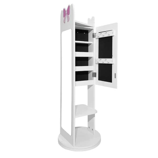 Kids Bow White MDF Jewelry Cabinet 14 in. W Jewelry Armoire with Rotatable Base, 1 Door and 1 Shelf