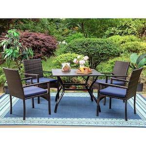 5-Piece Metal Patio Outdoor Dining Set with Square Table and Rattan Chair with Blue Cushion