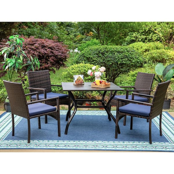 5-Piece Metal Patio Outdoor Dining Set with Square Table and Rattan Chair with Blue Cushion