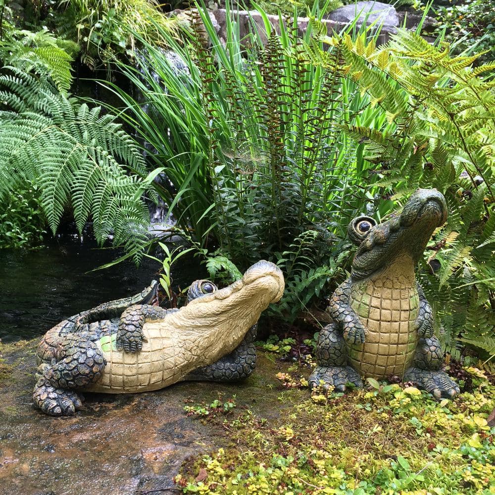 Whimsical Green and Beige Resin Alligator Garden Statue Set