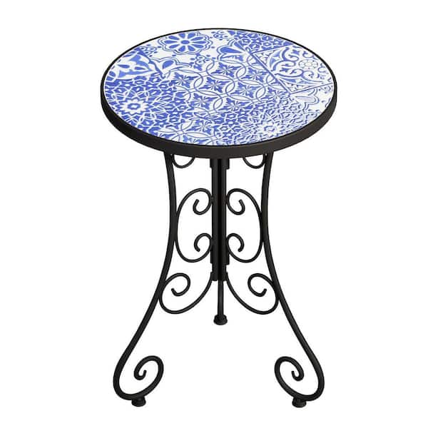 MOEPISY Mosaic Outdoor Side Table, Patio Side Table Tile Round Outside Table Blue and White Porcelain