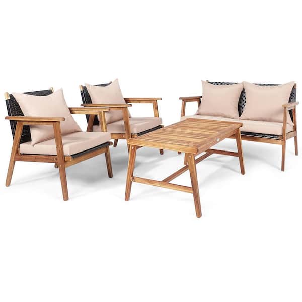 HONEY JOY 4-pieces Wicker Patio Conversation Set Rattan Acacia Wood Frame Furniture Set with Coffee Table Brown