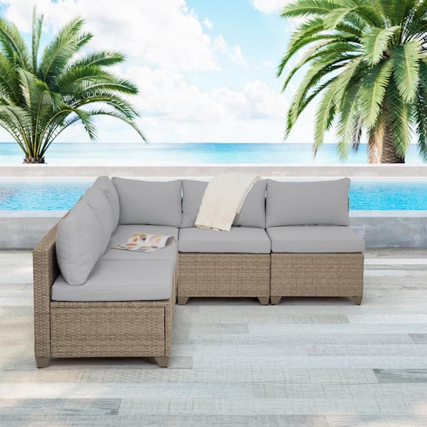 TK CLASSICS Maui 5-Piece Wicker Patio Conversation Set with Stone Cushions