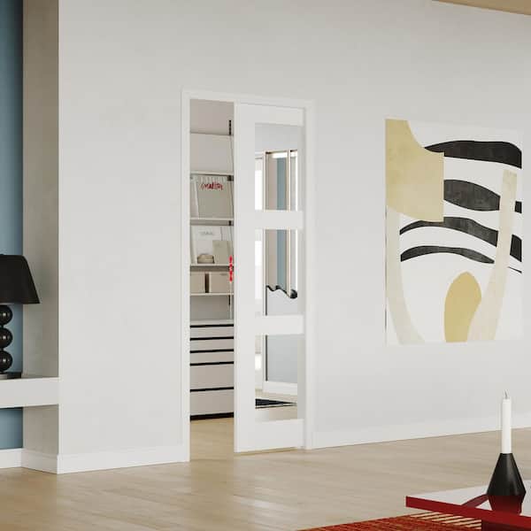 28 in. x 80 in. 3-Lite, Mirrored Glass, Solid Core, DIY Painted, White Primed, MDF Sliding Door with All Hardware