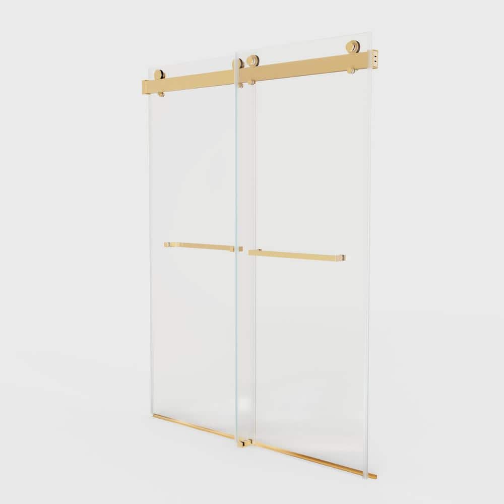 Brushed Gold Frameless Double Sliding Shower Door with Clear Glass