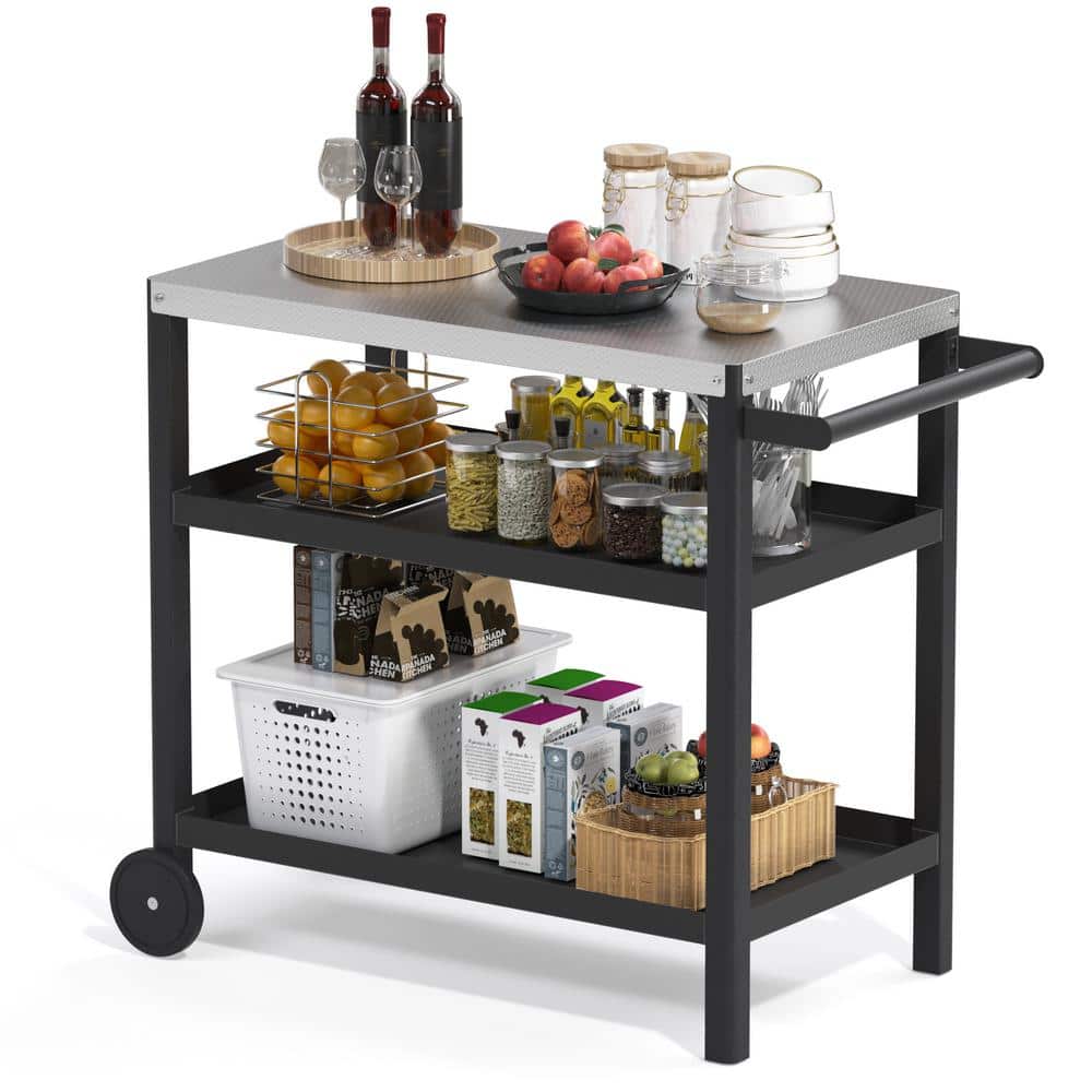 3-Shelf Outdoor Grill Cart with Movable Food Prep Table, Rust-Proof, and Ea