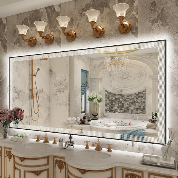 Apmir 72 in. W x 36 in. H Rectangular Framed Checkerboard LED Lighted Anti-Fog Tempered Glass Wall Bathroom Vanity Mirror