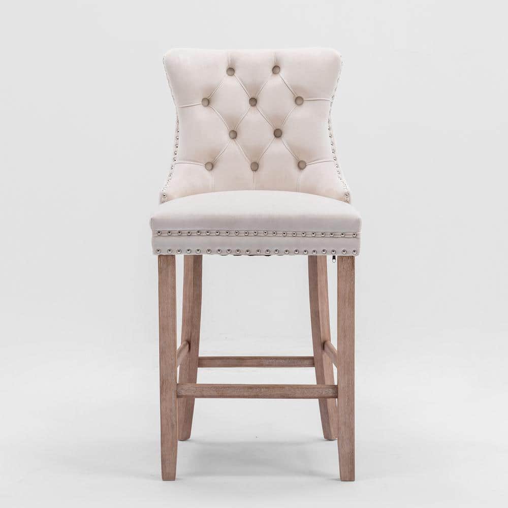 Jilla 27.2 in. Beige High Back Rubber Wood Button-Tufted Barstools with Upholstered Velvet Seat, Nailhead Trim, Set of 2 price history on PriceWatchPro