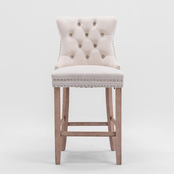Noble House Jilla 27.2 in. Beige High Back Rubber Wood Button-Tufted Barstools with Upholstered Velvet Seat, Nailhead Trim, Set of 2