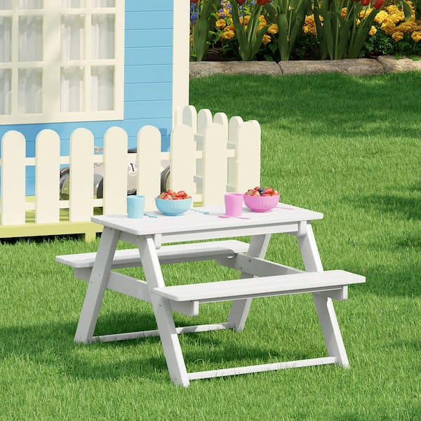 Children's Laguna Outdoor Patio All Weather Plastic 29.75 in. Rectangle Kids Picnic Play Table with Benches in White