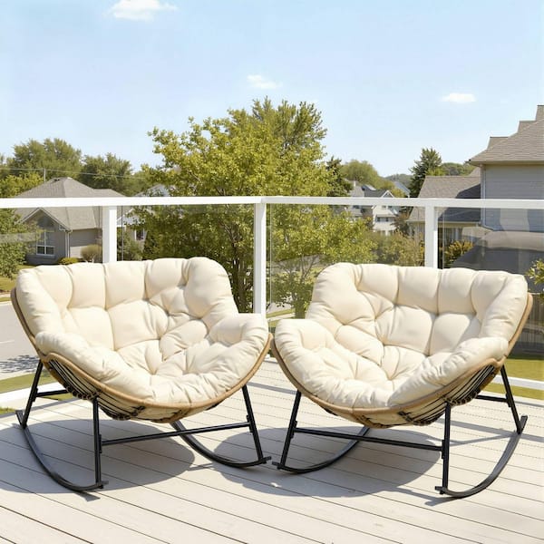2-Pieces Oversized PE Wicker Outdoor Rocking Chair Papasan Lounge Chair with Beige 5.1 in. Thick Cushion