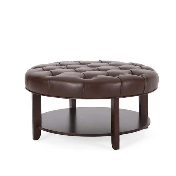 Noble House Aldrich Midnight Black and Espresso Tufted Open Shelf Ottoman