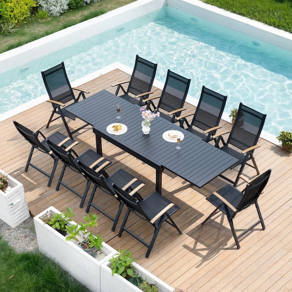11-Piece Aluminum Patio Outdoor Dining Set, Extendable 53.1-106.2 in. Table, Foldable Chairs with Adjustable Back
