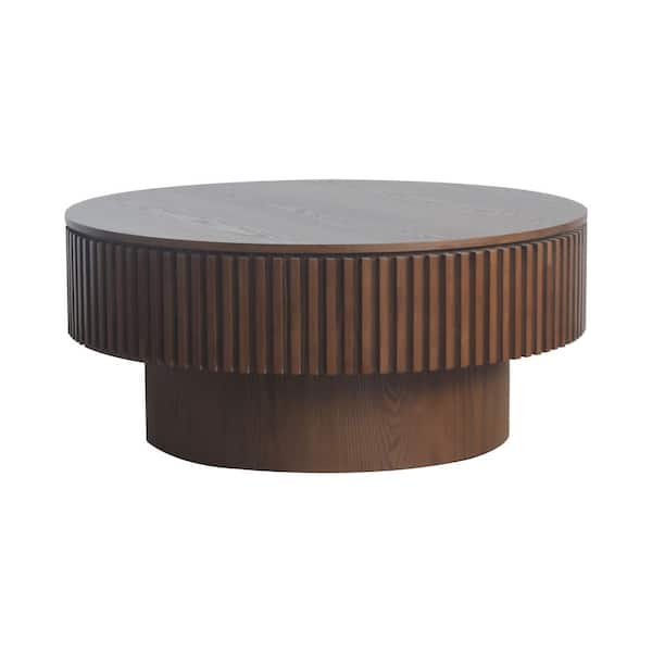 Leigh 31.5 in. Brown Round MDF Wood Coffee Table with Storage, Fluted Design, Walnut
