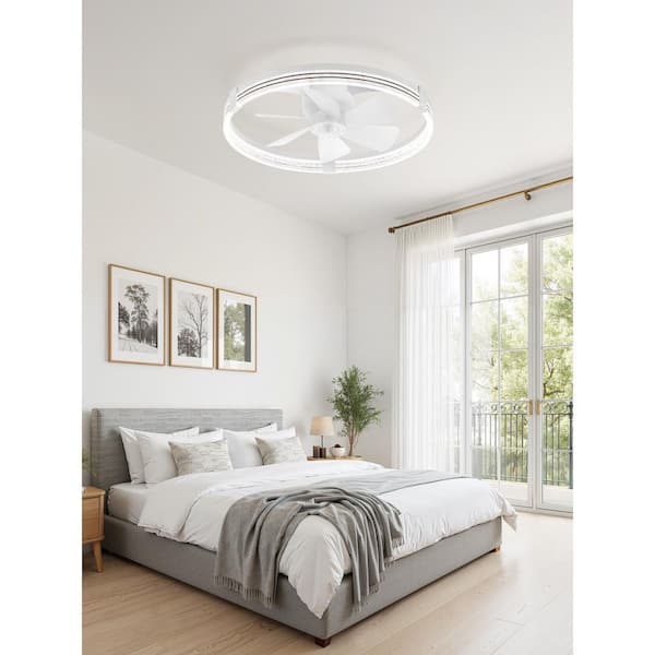 23 in. White Modern Indoor Ceiling Fan with LED Remote/App Control Low Profile Flush Mount Reversible DC motor bedroom